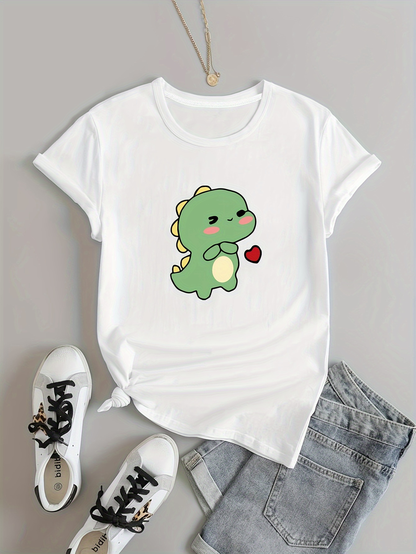 cartoon dinosaur print casual t shirt round neck short sleeves stretchy versatile sports tee womens tops details 5