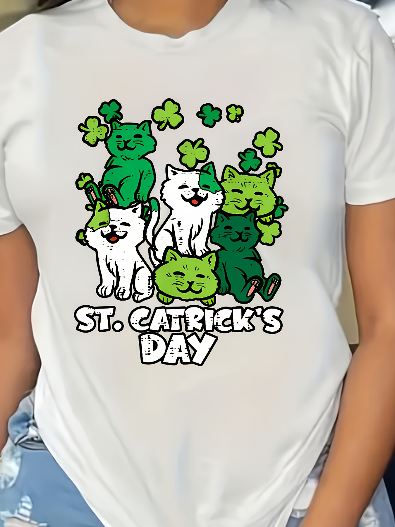 st patricks day clover and cat print sports t shirt round neck short sleeves running fitness tops womens activewear details 6