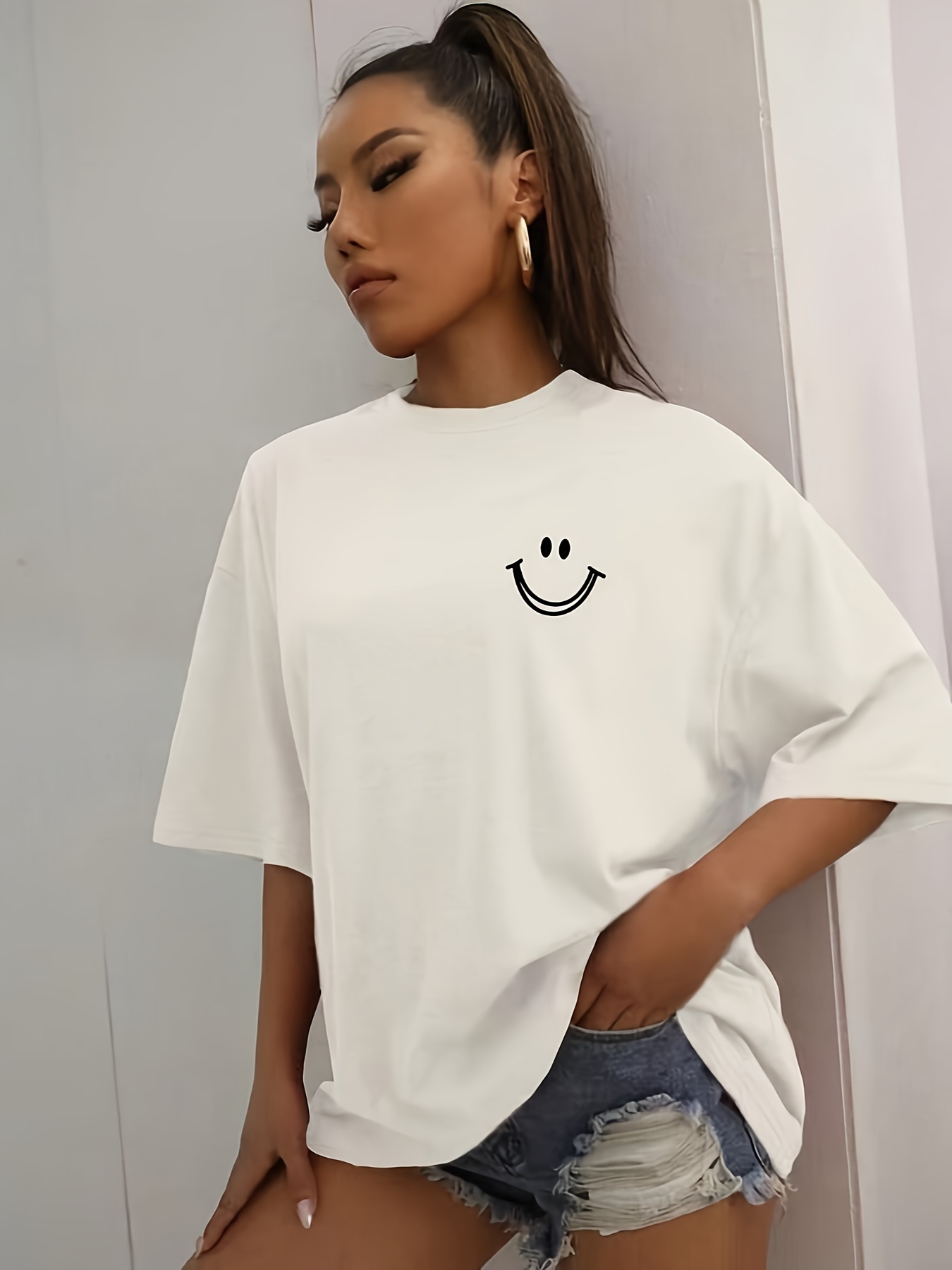 smiling face graphic sports t shirt short sleeves round neck casual fashion tops womens activewear details 1