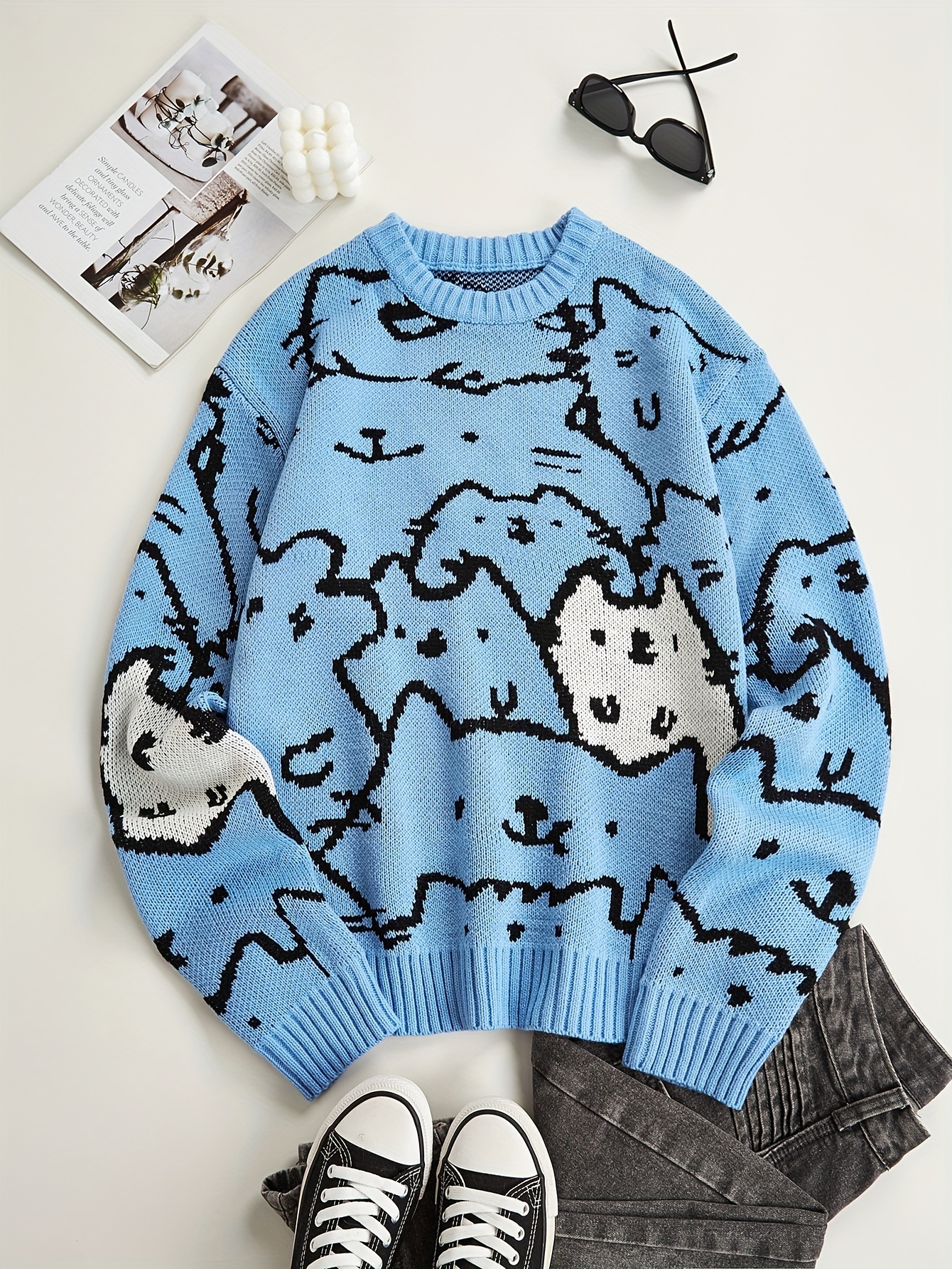 cute cats pattern knitted sweater mens casual warm slightly stretch crew neck pullover sweater for men fall winter details 2