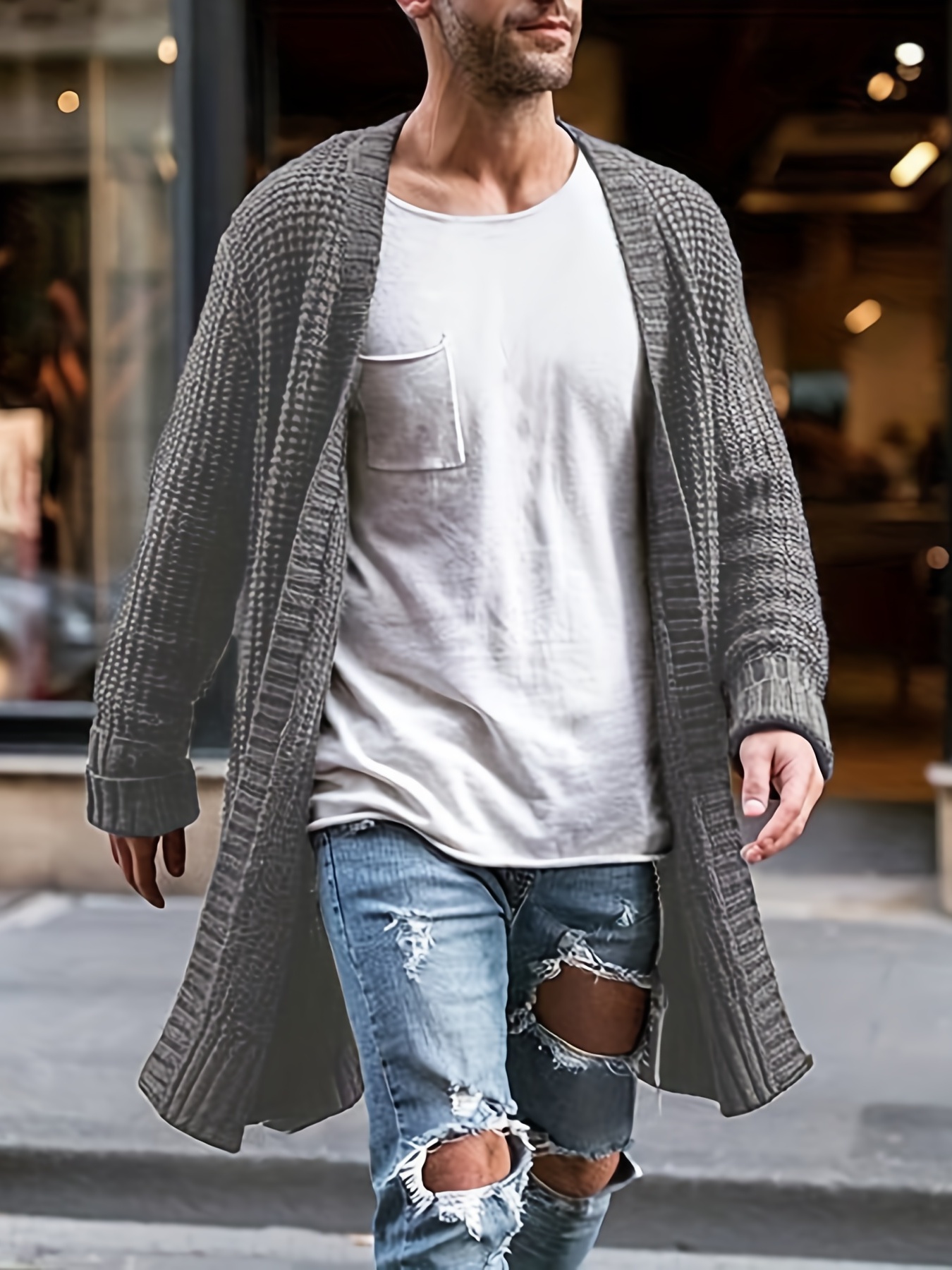 elegant middle stretch cardigan sweater mens casual vintage style v neck open front cardigan coat for fall winter streetwear details 1