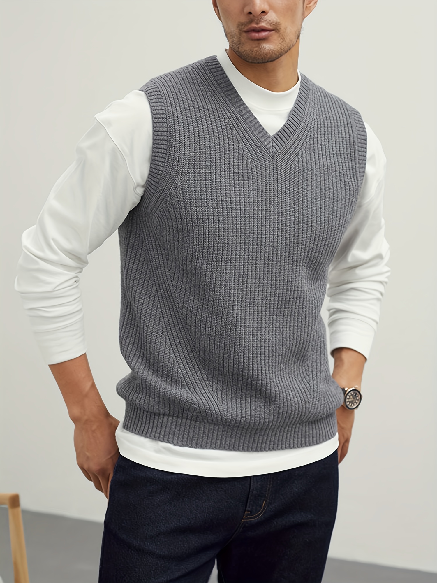 mens v neck sweater vest pullover solid color sleeveless sweaters vest preppy style details 24