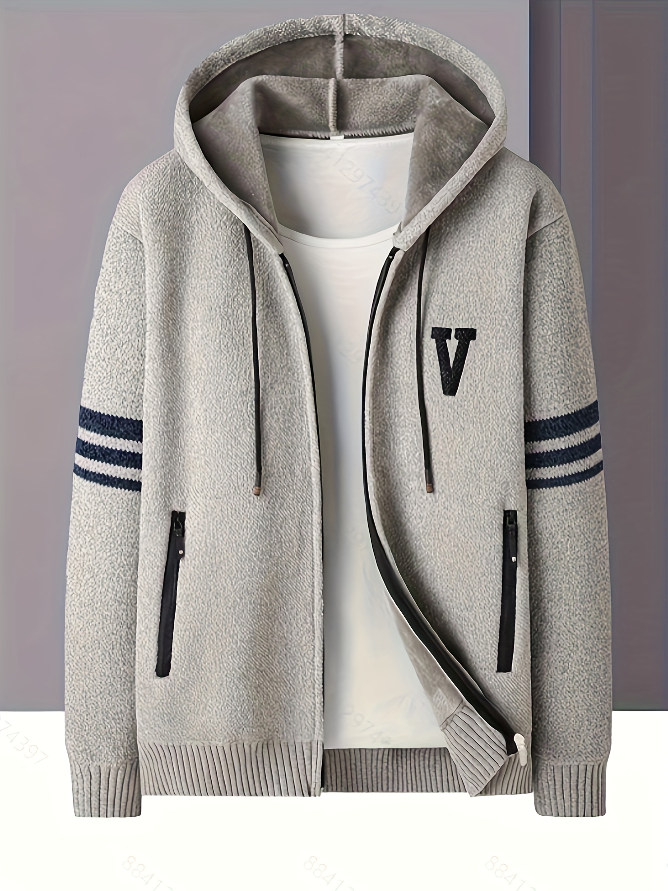 mens striped fleece hooded cardigan casual slightly stretch breathable zip up thermal jacket for fall winter outdoor details 5