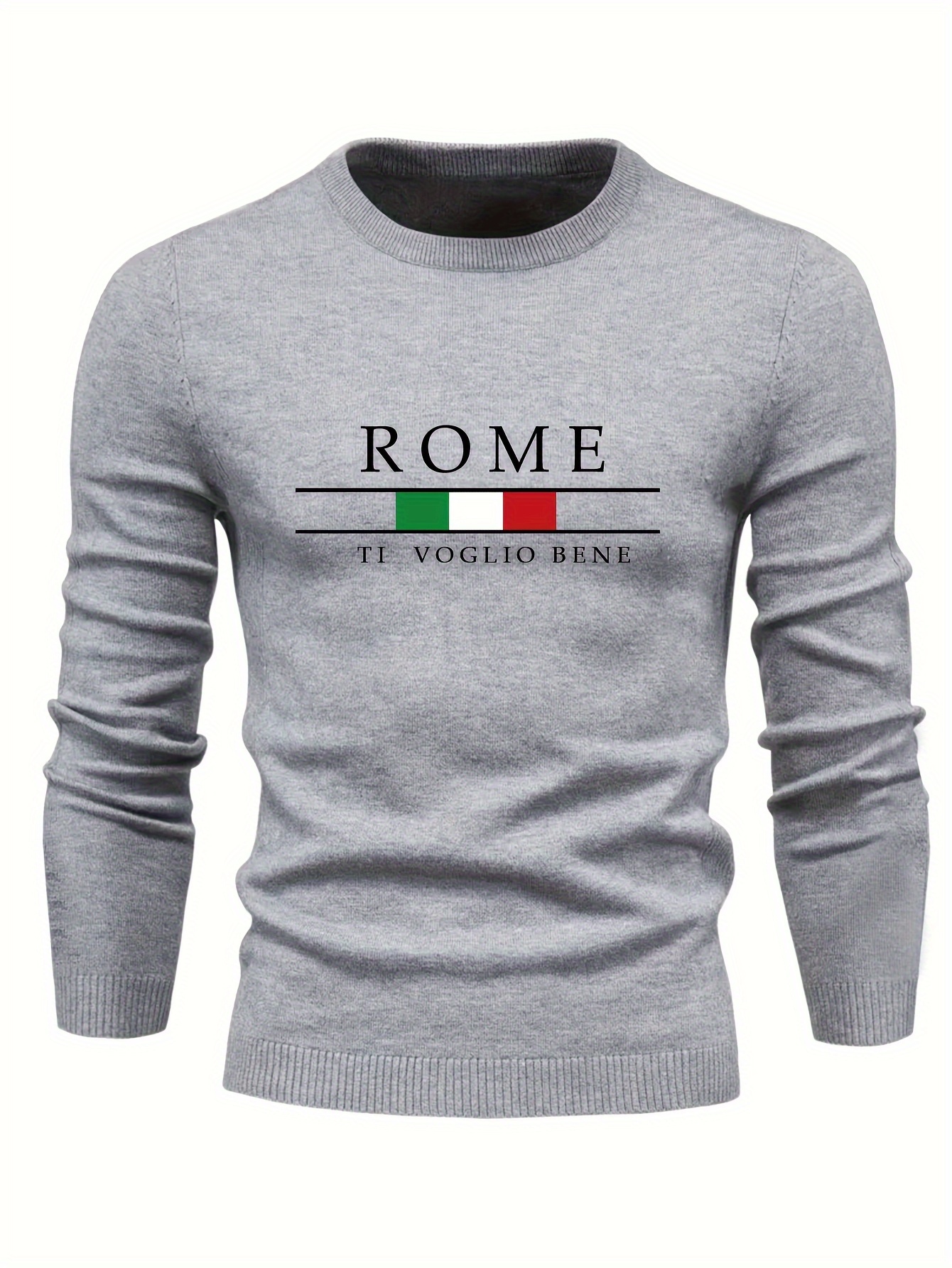 rome print mens casual stretch long sleeve knitted round neck sweater spring fall pullover top details 0