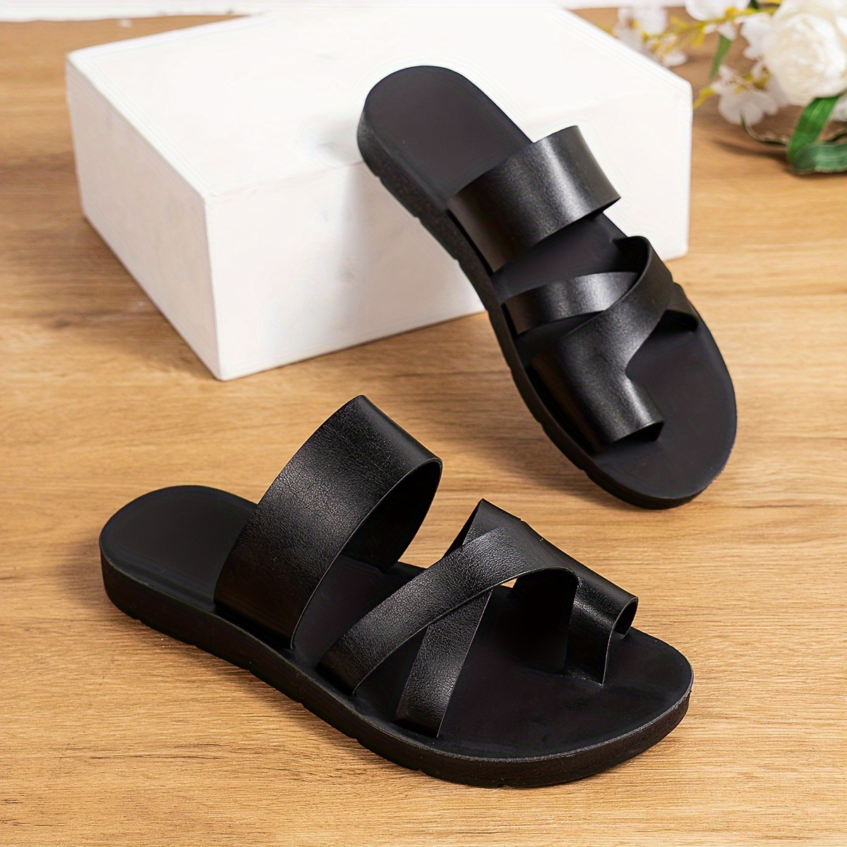 womens solid color slide sandals casual loop toe flat summer shoes lightweight beach shoes details 3