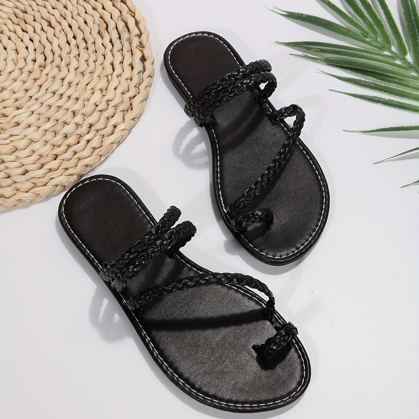 womens braided straps flat sandals solid color toe loop beach shoes causal vacation summer shoes details 3